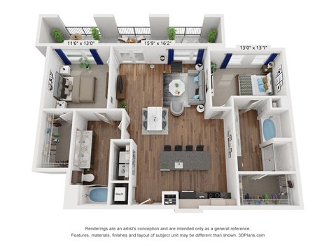 Floor plan for 2 beds, 2 baths, 1407 sqft